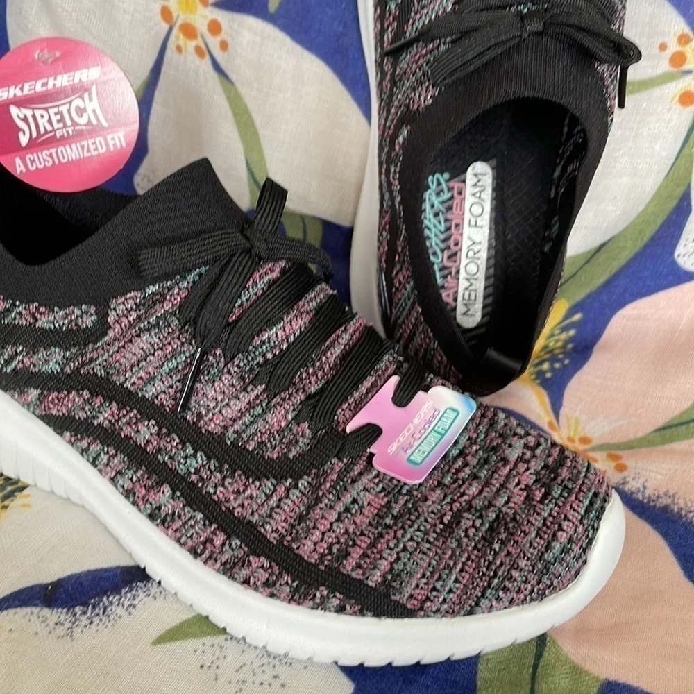 Brand New Skechers Air-Cooled Memory Foam Slip On Black Stretch Sneakers
